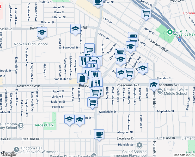 map of restaurants, bars, coffee shops, grocery stores, and more near in Norwalk