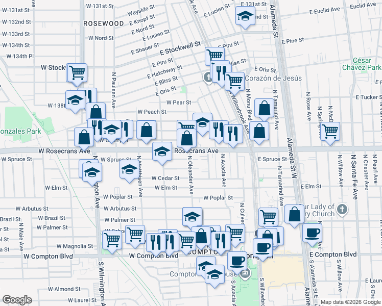 map of restaurants, bars, coffee shops, grocery stores, and more near 374 Rosecrans Avenue in Compton