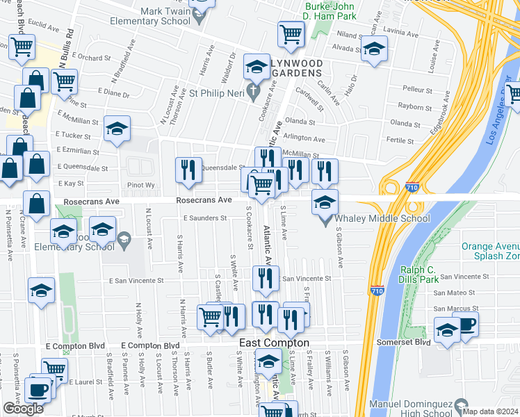 map of restaurants, bars, coffee shops, grocery stores, and more near 14309 Atlantic Avenue in Compton