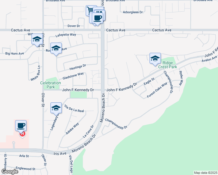 map of restaurants, bars, coffee shops, grocery stores, and more near 28063 Stonegate Court in Moreno Valley