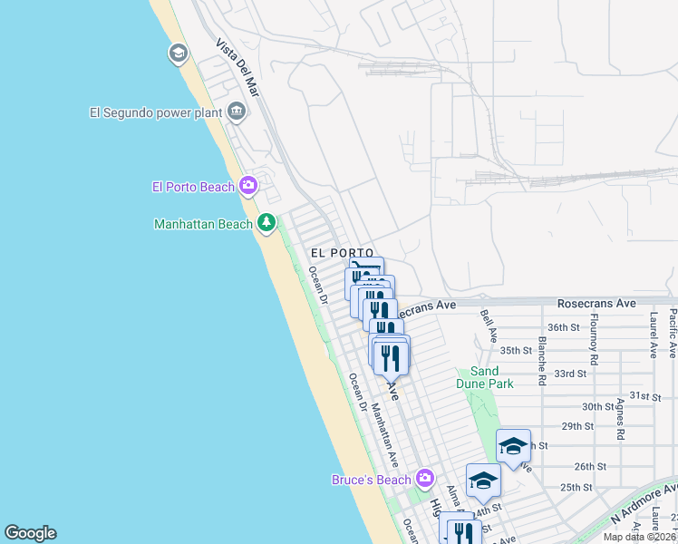 map of restaurants, bars, coffee shops, grocery stores, and more near 244 Kelp Street in Manhattan Beach