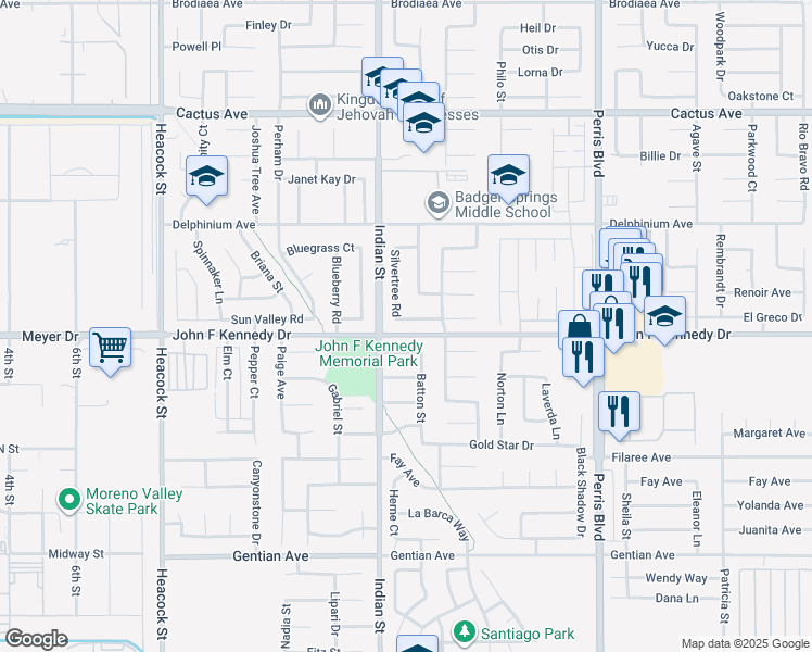 map of restaurants, bars, coffee shops, grocery stores, and more near 24533 Morning Glory Street in Moreno Valley