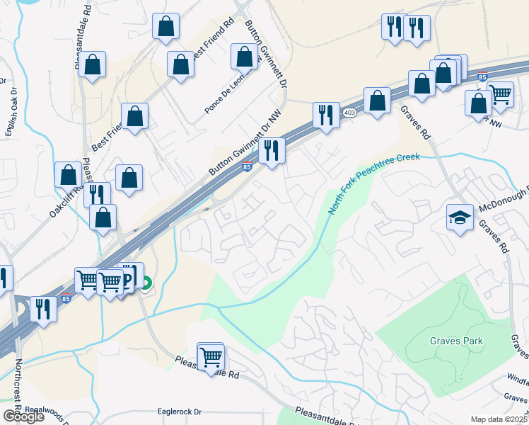 map of restaurants, bars, coffee shops, grocery stores, and more near 1911 Wood Terrace Ridge in Atlanta