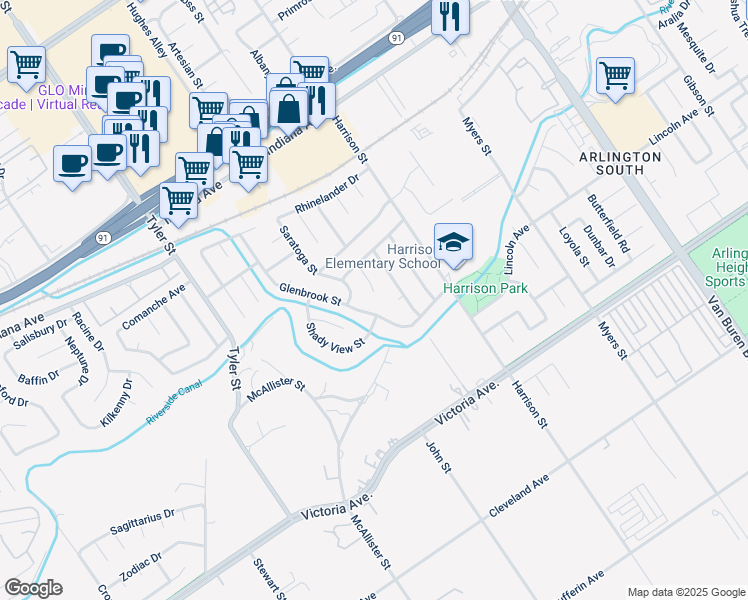 map of restaurants, bars, coffee shops, grocery stores, and more near 2934 Floravista Court in Riverside
