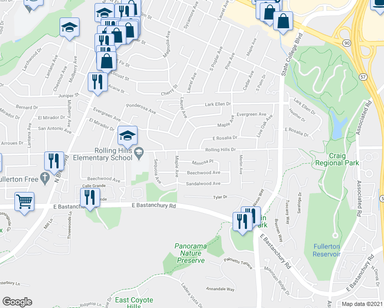 map of restaurants, bars, coffee shops, grocery stores, and more near 1632 Rolling Hills Drive in Fullerton