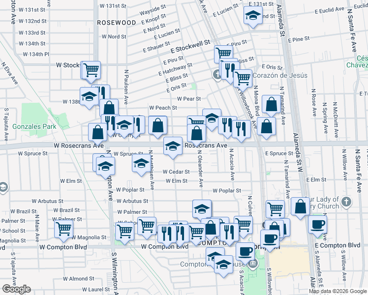 map of restaurants, bars, coffee shops, grocery stores, and more near 432 Rosecrans Avenue in Compton