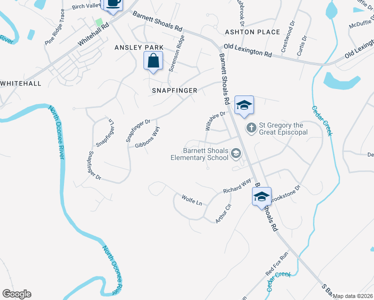 map of restaurants, bars, coffee shops, grocery stores, and more near 247 Milford Drive in Athens