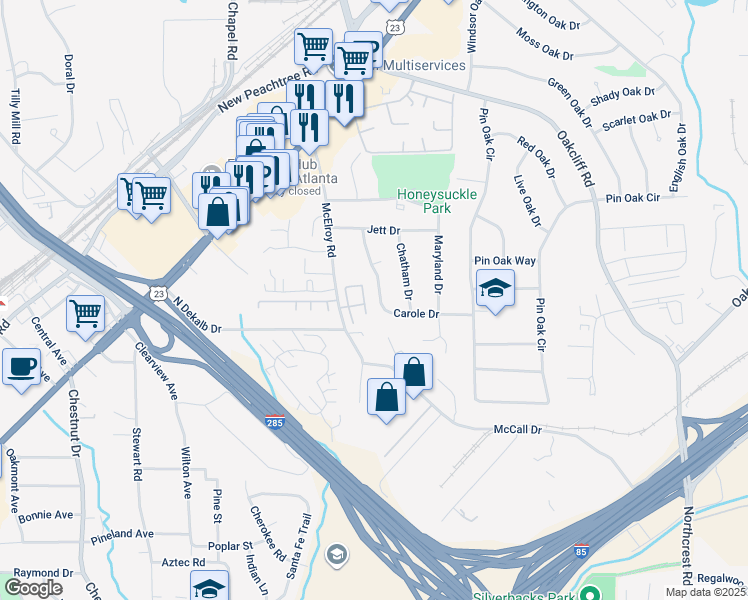 map of restaurants, bars, coffee shops, grocery stores, and more near 3794 Carole Drive in Doraville