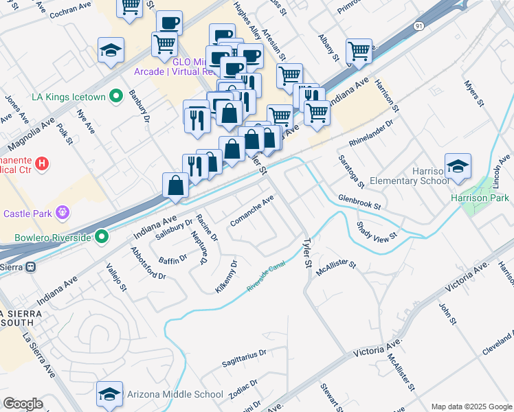 map of restaurants, bars, coffee shops, grocery stores, and more near 10359 Comanche Avenue in Riverside