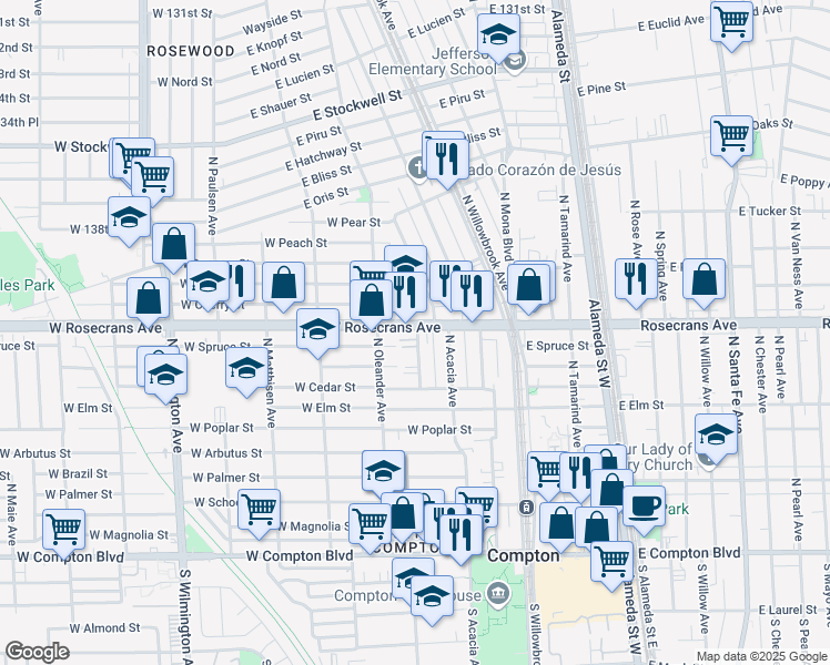 map of restaurants, bars, coffee shops, grocery stores, and more near 328 Rosecrans Avenue in Compton