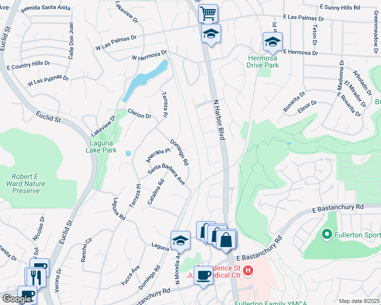 map of restaurants, bars, coffee shops, grocery stores, and more near 510 Domingo Place in Fullerton