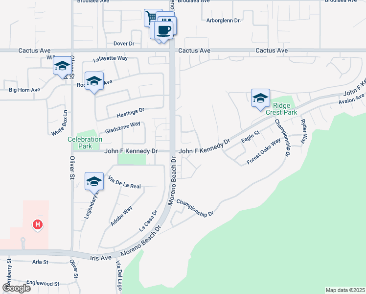map of restaurants, bars, coffee shops, grocery stores, and more near 28063 Stonegate Court in Moreno Valley