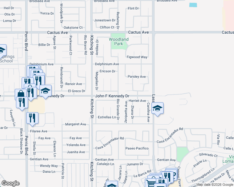 map of restaurants, bars, coffee shops, grocery stores, and more near 25671 Stoneybrook Drive in Moreno Valley