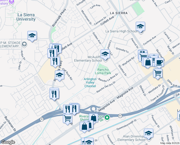 map of restaurants, bars, coffee shops, grocery stores, and more near 11496 Bridgeway Drive in Riverside
