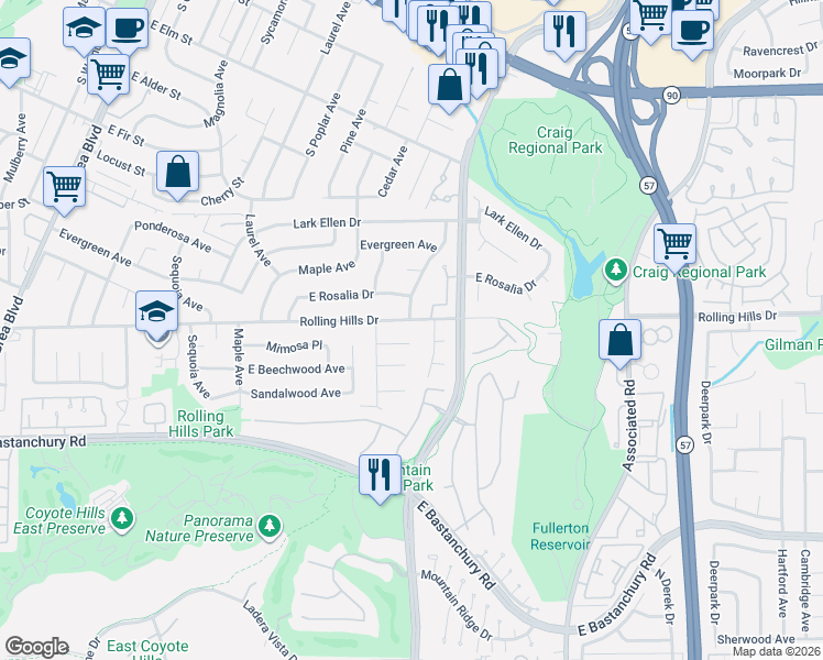 map of restaurants, bars, coffee shops, grocery stores, and more near 2833 Live Oak Avenue in Fullerton