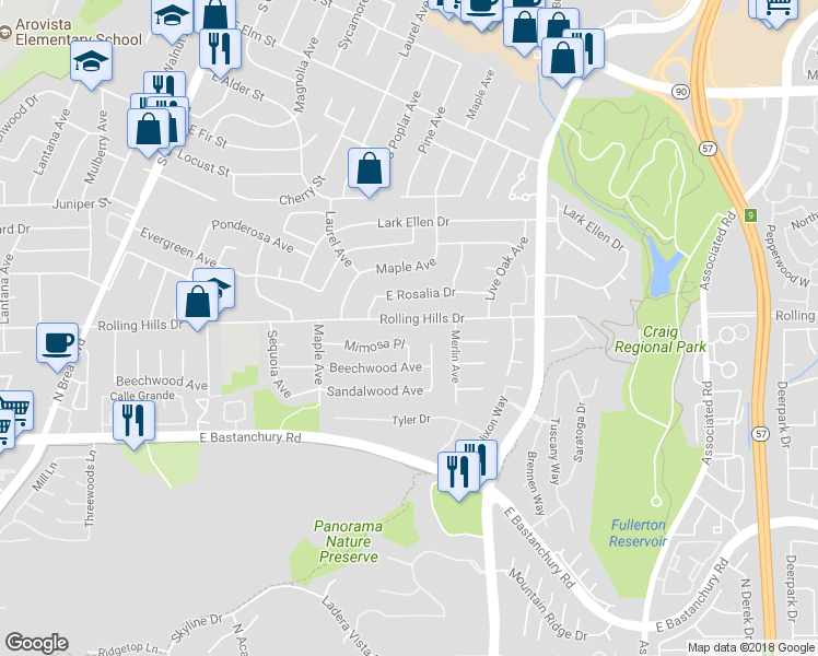 map of restaurants, bars, coffee shops, grocery stores, and more near 1720 Rolling Hills Drive in Fullerton