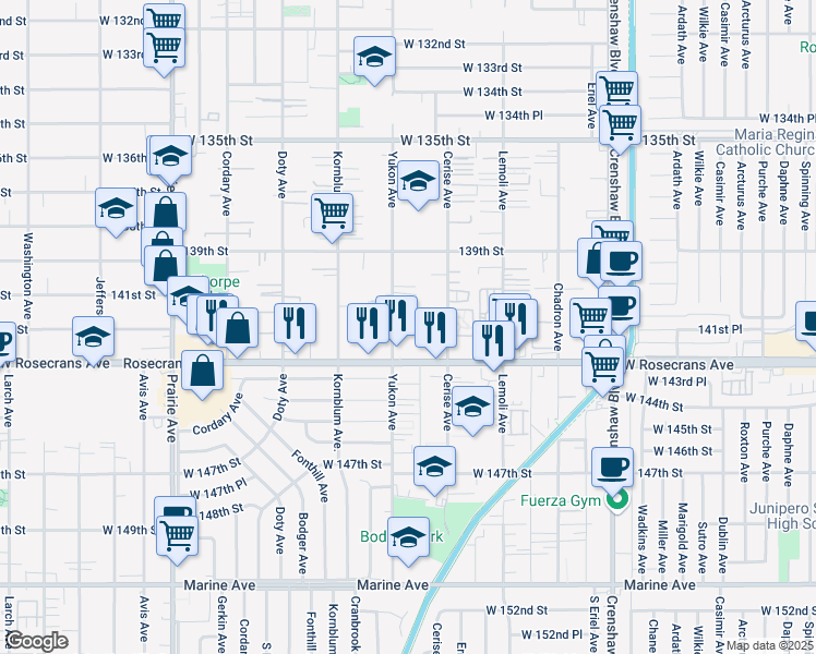 map of restaurants, bars, coffee shops, grocery stores, and more near 14116 Yukon Avenue in Hawthorne