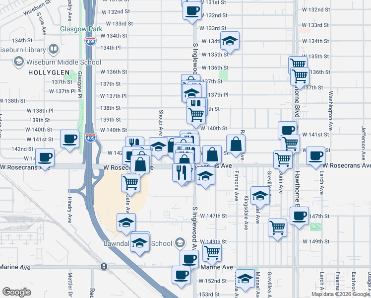 map of restaurants, bars, coffee shops, grocery stores, and more near 4821 West 142nd Street in Hawthorne