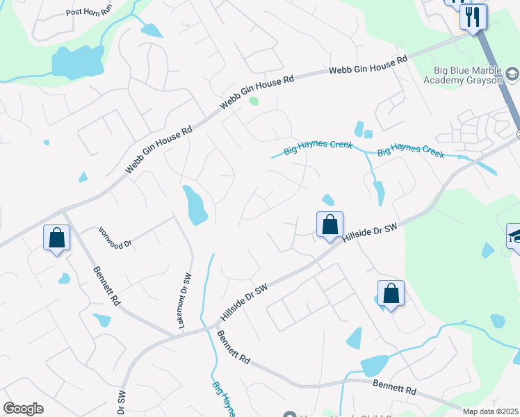 map of restaurants, bars, coffee shops, grocery stores, and more near 1685 Great Oaks Drive in Lawrenceville