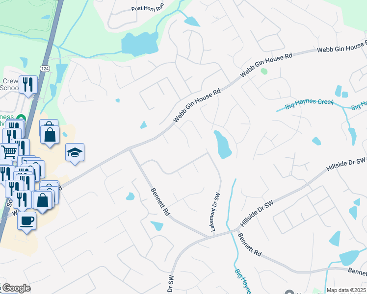 map of restaurants, bars, coffee shops, grocery stores, and more near 1391 Arbor Hill Court in Lawrenceville