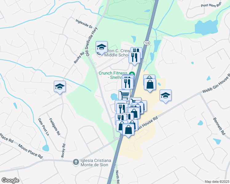 map of restaurants, bars, coffee shops, grocery stores, and more near 1544 Overview Circle Southwest in Lawrenceville
