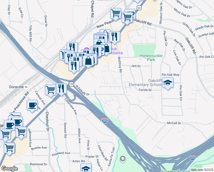 map of restaurants, bars, coffee shops, grocery stores, and more near 2936 Ashlyn Pointe Drive in Doraville