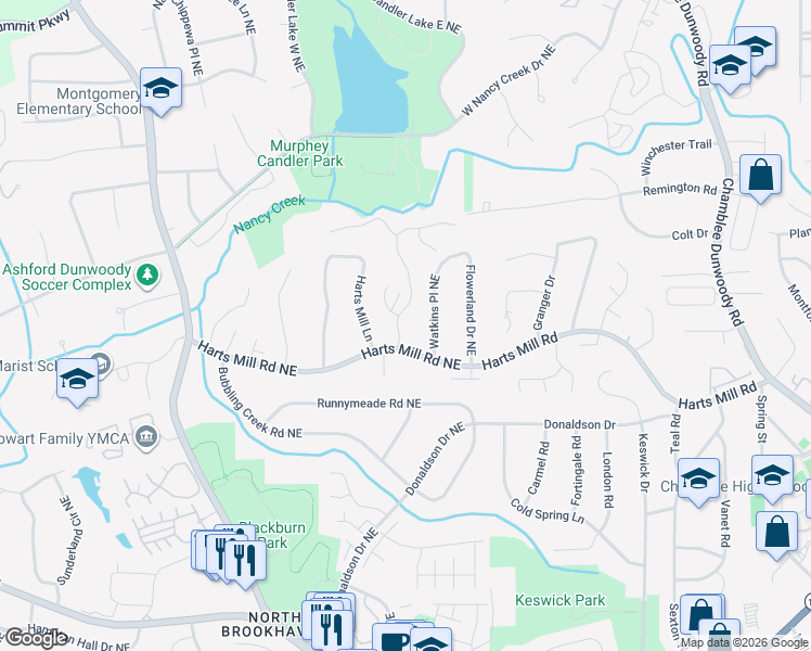 map of restaurants, bars, coffee shops, grocery stores, and more near 3785 Ashford Trail Northeast in Atlanta