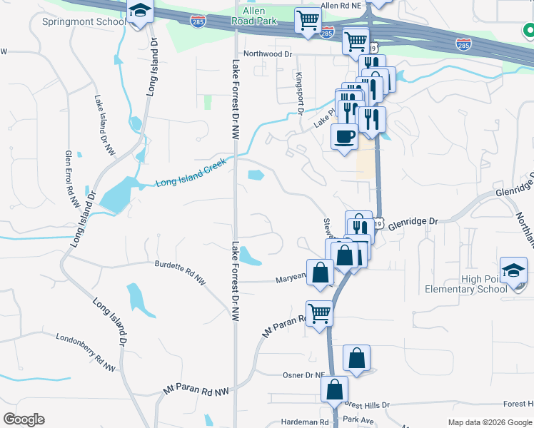 map of restaurants, bars, coffee shops, grocery stores, and more near 240 Lake Summit View in Atlanta