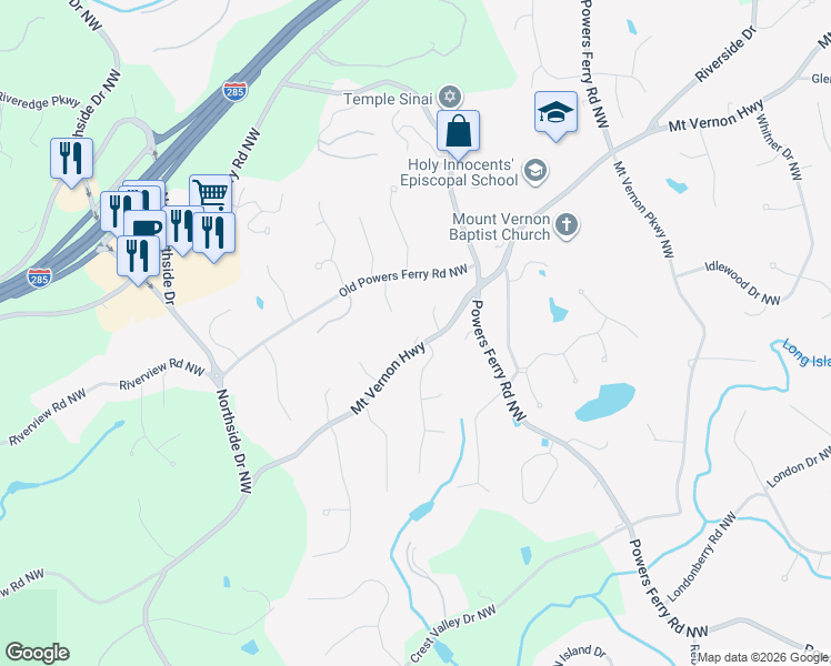 map of restaurants, bars, coffee shops, grocery stores, and more near 445 Mount Vernon Highway in Sandy Springs