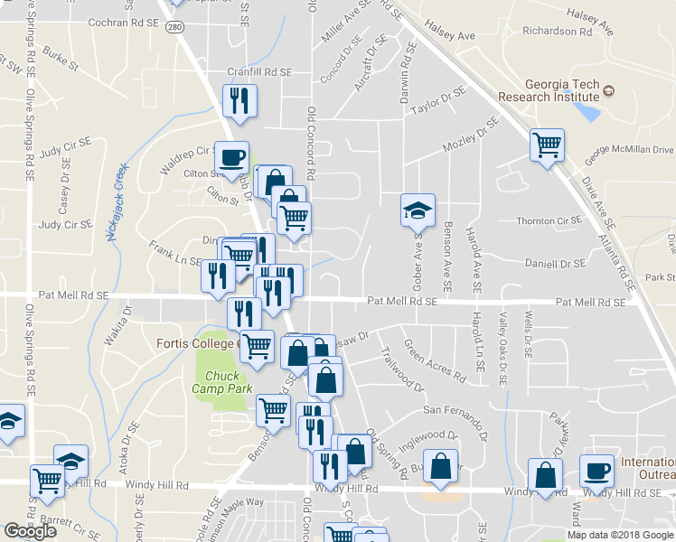 map of restaurants, bars, coffee shops, grocery stores, and more near 3002 Pat Mell Place Southeast in Smyrna