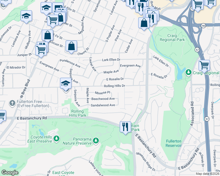 map of restaurants, bars, coffee shops, grocery stores, and more near 1730 Rolling Hills Drive in Fullerton