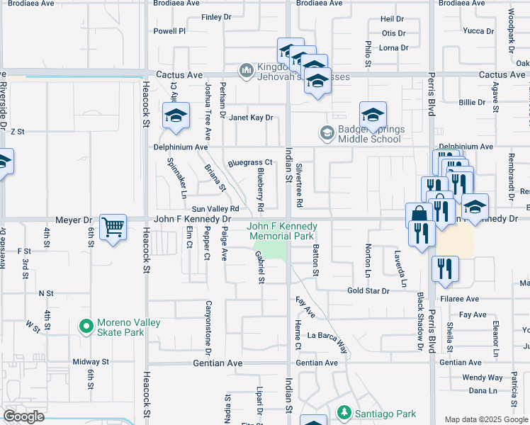 map of restaurants, bars, coffee shops, grocery stores, and more near 14996 Cliffrose Court in Moreno Valley