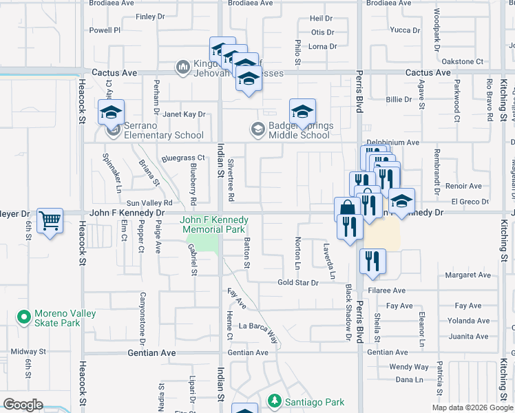 map of restaurants, bars, coffee shops, grocery stores, and more near 24625 Morning Glory Street in Moreno Valley