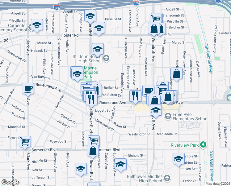 map of restaurants, bars, coffee shops, grocery stores, and more near 9917 Van Ruiten Street in Bellflower