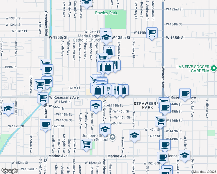 map of restaurants, bars, coffee shops, grocery stores, and more near 14104 Van Ness Avenue in Gardena