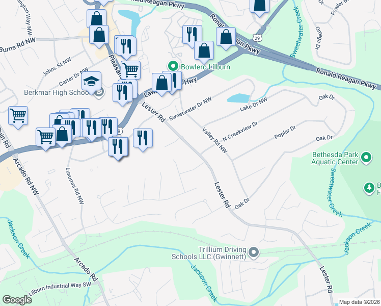 map of restaurants, bars, coffee shops, grocery stores, and more near 179 Lester Road Northwest in Lawrenceville
