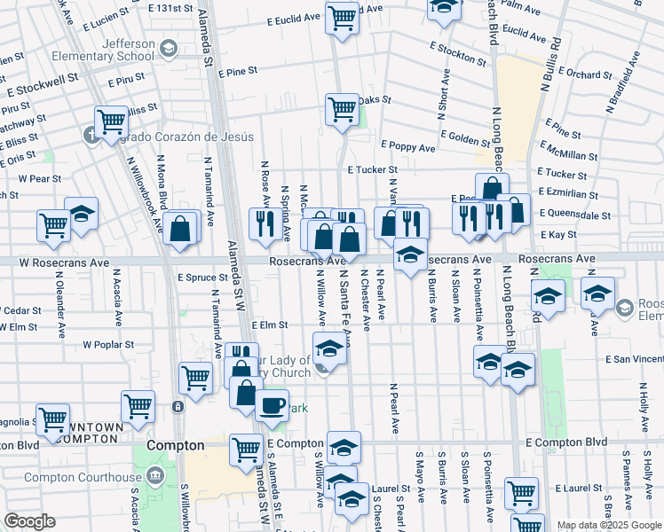 map of restaurants, bars, coffee shops, grocery stores, and more near in Compton