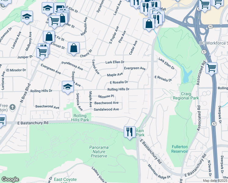 map of restaurants, bars, coffee shops, grocery stores, and more near 1730 Rolling Hills Drive in Fullerton