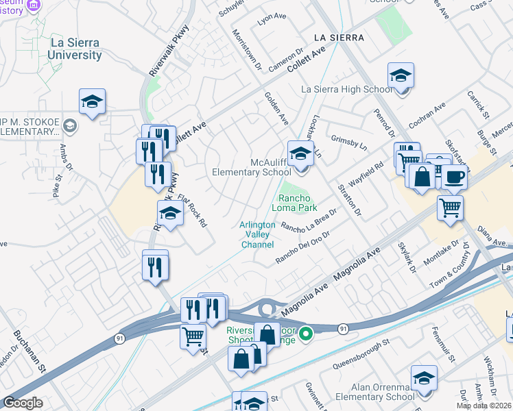 map of restaurants, bars, coffee shops, grocery stores, and more near 11496 Bridgeway Drive in Riverside