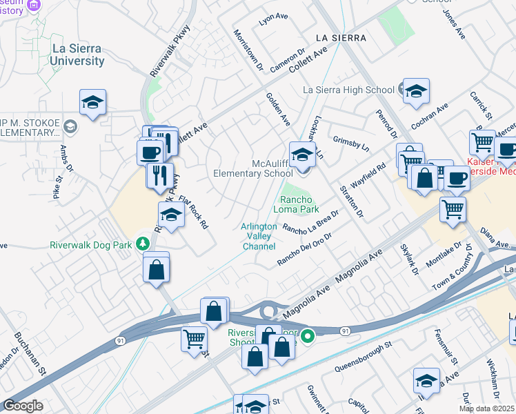 map of restaurants, bars, coffee shops, grocery stores, and more near 11499 Bridgeway Drive in Riverside