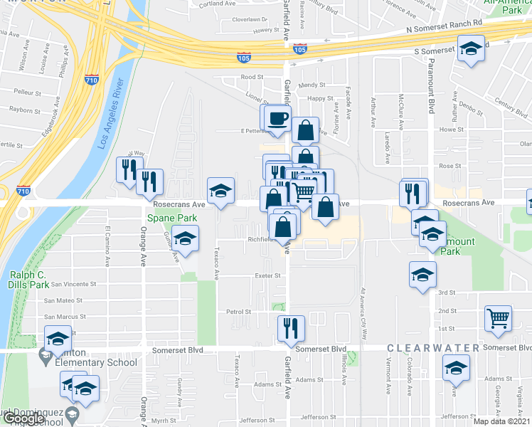 map of restaurants, bars, coffee shops, grocery stores, and more near 7330 Rosecrans Avenue in Paramount