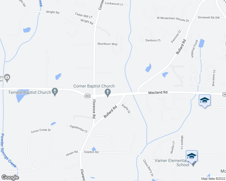 map of restaurants, bars, coffee shops, grocery stores, and more near 5111 Vansant Trail Southwest in Powder Springs