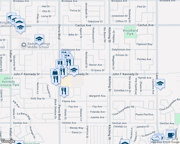 map of restaurants, bars, coffee shops, grocery stores, and more near 25317 El Greco Drive in Moreno Valley