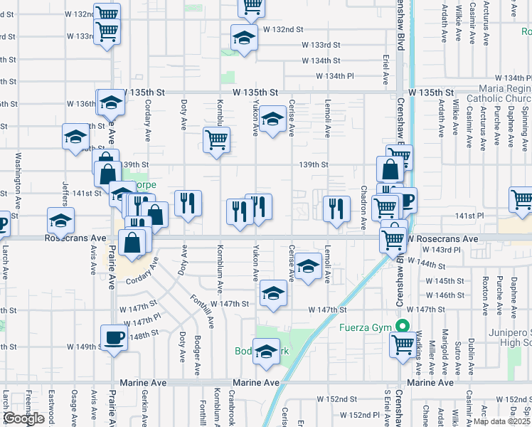 map of restaurants, bars, coffee shops, grocery stores, and more near 14110 Yukon Avenue in Hawthorne