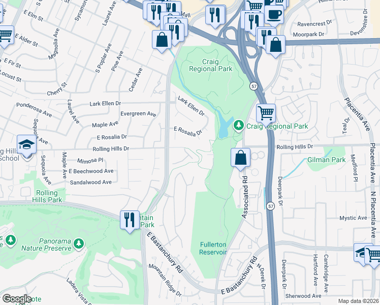 map of restaurants, bars, coffee shops, grocery stores, and more near 2804 Hickory Place in Fullerton
