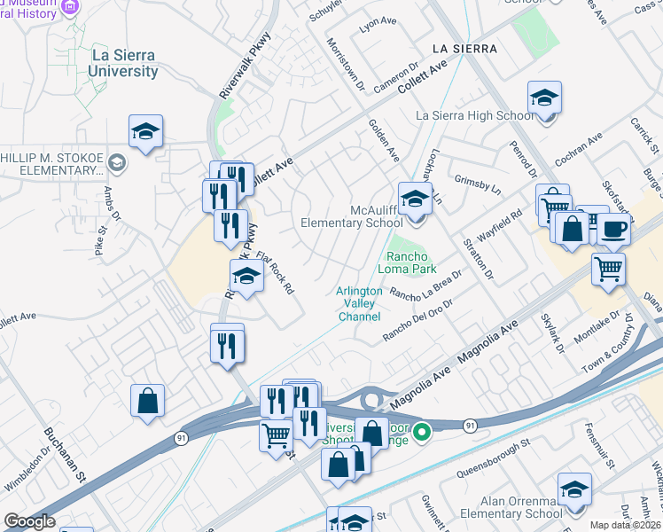 map of restaurants, bars, coffee shops, grocery stores, and more near 11515 Springwood Court in Riverside