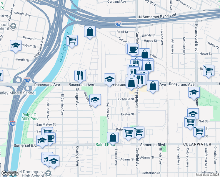 map of restaurants, bars, coffee shops, grocery stores, and more near 7210 Rosecrans Avenue in Paramount
