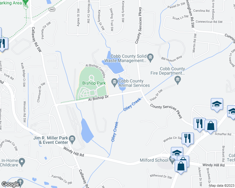 map of restaurants, bars, coffee shops, grocery stores, and more near Al Bishop Trail in Marietta