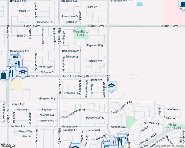 map of restaurants, bars, coffee shops, grocery stores, and more near 25871 Coriander Court in Moreno Valley
