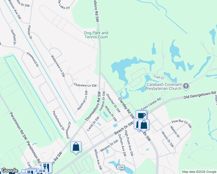 map of restaurants, bars, coffee shops, grocery stores, and more near 1181 Clariday Road Southwest in Calabash
